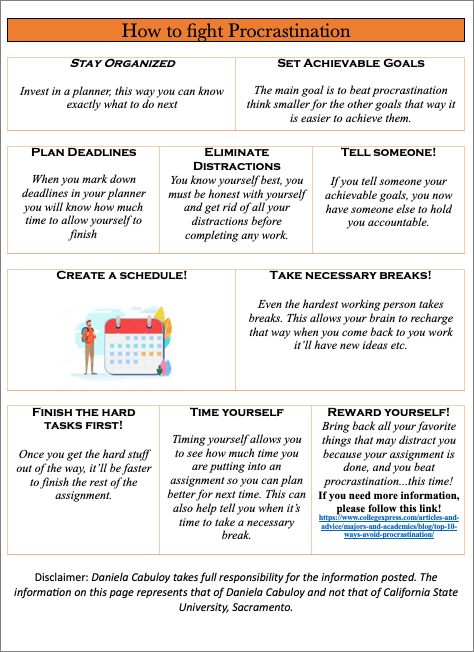 Text Box: How to fight Procrastination

Stay Organized

Invest in a planner, this way you can know exactly what to do next	Set Achievable Goals

The main goal is to beat procrastination think smaller for the other goals that way it is easier to achieve them.

Plan Deadlines

When you mark down deadlines in your planner you will know how much time to allow yourself to finish	Eliminate Distractions
You know yourself best, you must be honest with yourself and get rid of all your distractions before completing any work.	Tell someone!

If you tell someone your achievable goals, you now have someone else to hold you accountable.


Create a schedule!

 	Take necessary breaks!

Even the hardest working person takes breaks. This allows your brain to recharge that way when you come back to you work it’ll have new ideas etc.

Finish the hard tasks first!

Once you get the hard stuff out of the way, it’ll be faster to finish the rest of the assignment.	Time yourself

Timing yourself allows you to see how much time you are putting into an assignment so you can plan better for next time. This can also help tell you when it’s time to take a necessary break.	Reward yourself!
Bring back all your favorite things that may distract you because your assignment is done, and you beat procrastination...this time!
If you need more information, please follow this link! 
https://www.collegexpress.com/articles-and-advice/majors-and-academics/blog/top-10-ways-avoid-procrastination/


Disclaimer: Daniela Cabuloy takes full responsibility for the information posted. The information on this page represents that of Daniela Cabuloy and not that of California State University, Sacramento.
