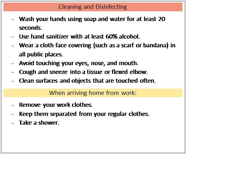 Text Box: Cleaning and Disinfecting
-	Wash your hands using soap and water for at least 20 seconds.
-	Use hand sanitizer with at least 60% alcohol.
-	Wear a cloth face covering (such as a scarf or bandana) in all public places.
-	Avoid touching your eyes, nose, and mouth.
-	Cough and sneeze into a tissue or flexed elbow.
-	Clean surfaces and objects that are touched often.
When arriving home from work:
-	Remove your work clothes.
-	Keep them separated from your regular clothes.
-	Take a shower.
