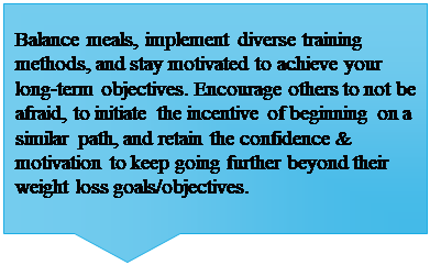 Speech Bubble: Rectangle: Balance meals, implement diverse training methods, and stay motivated to achieve your long-term objectives. Encourage others to not be afraid, to initiate the incentive of beginning on a similar path, and retain the confidence & motivation to keep going further beyond their weight loss goals/objectives. 