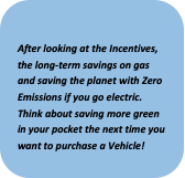 Rounded Rectangle: After looking at the Incentives, the long-term savings on gas and saving the planet with Zero Emissions if you go electric. Think about saving more green in your pocket the next time you want to purchase a Vehicle!
