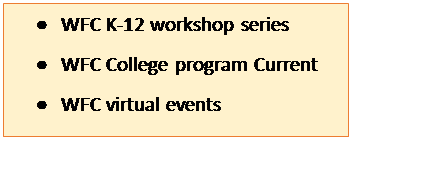 Text Box: 	WFC K-12 workshop series
	WFC College program Current
	WFC virtual events  
